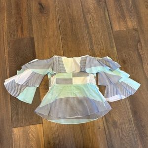EUC Amanda Uprichard Callisto White Blue Striped Ruffle Off The Shoulder Top S
